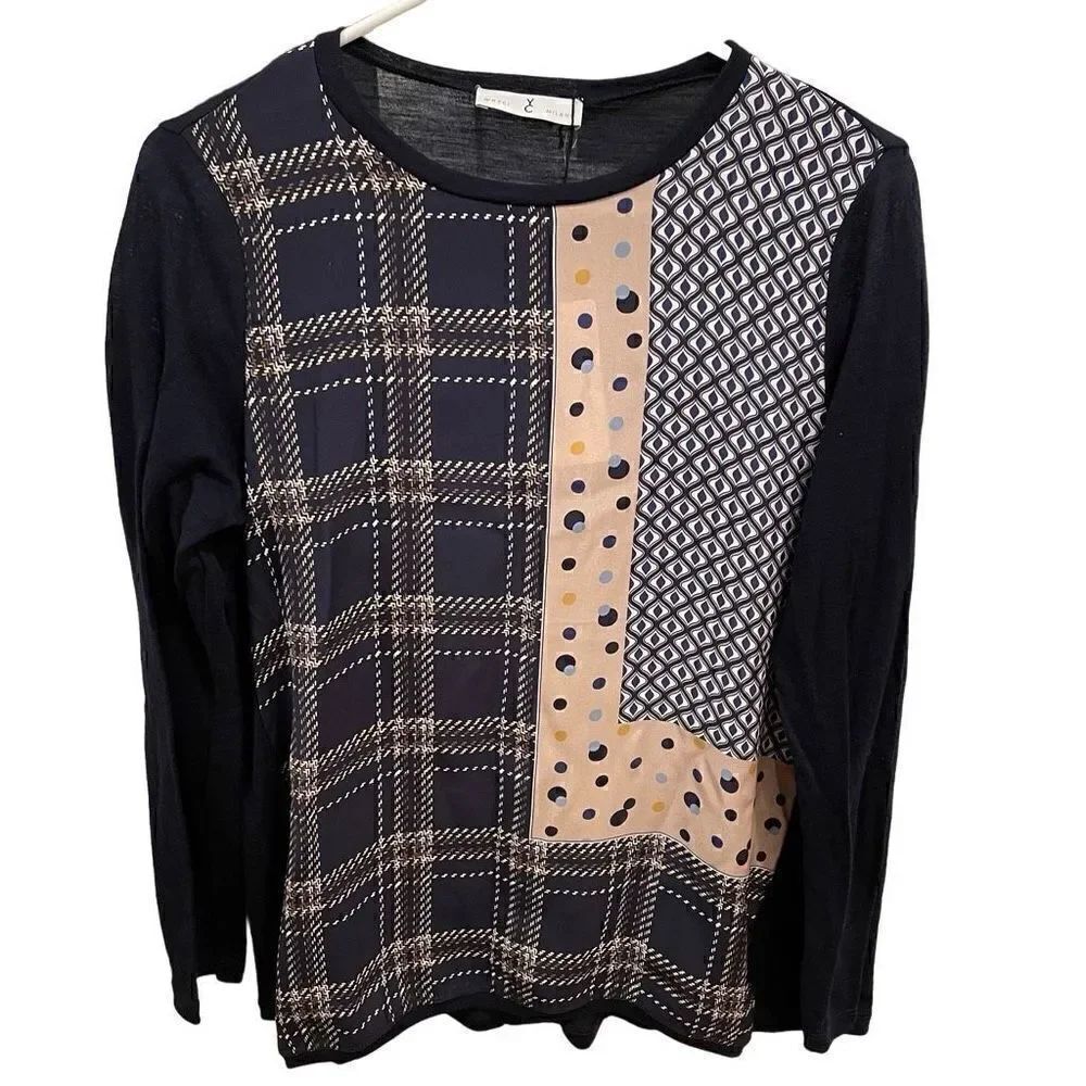 Whyci Milano YC Women's Top Floral Print Silk Wool Blend Long Sleeve Navy Size 4